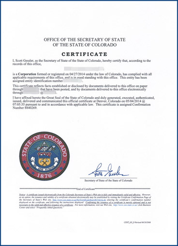美国公司注册证书，仅供参考